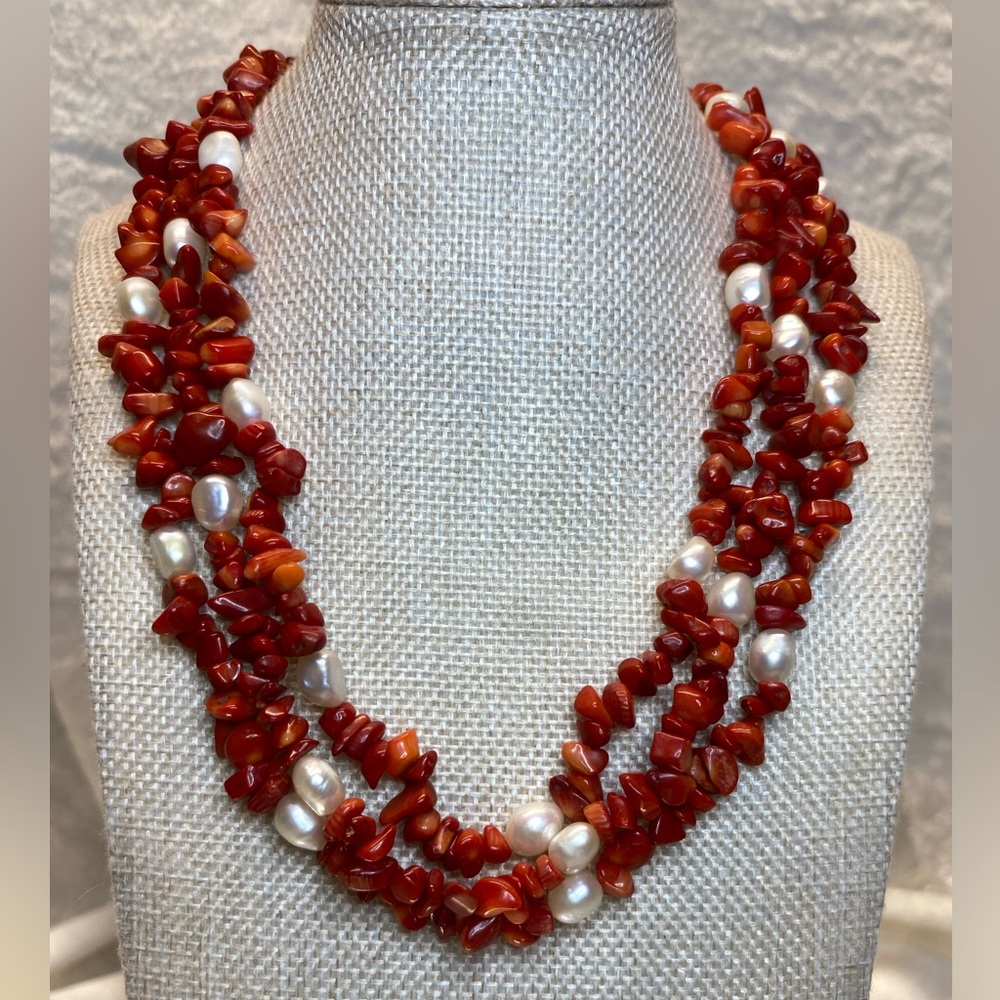Vintage Beautiful Red Coral Genuine Pearl Sterling Three Strand Necklace 16”-18”